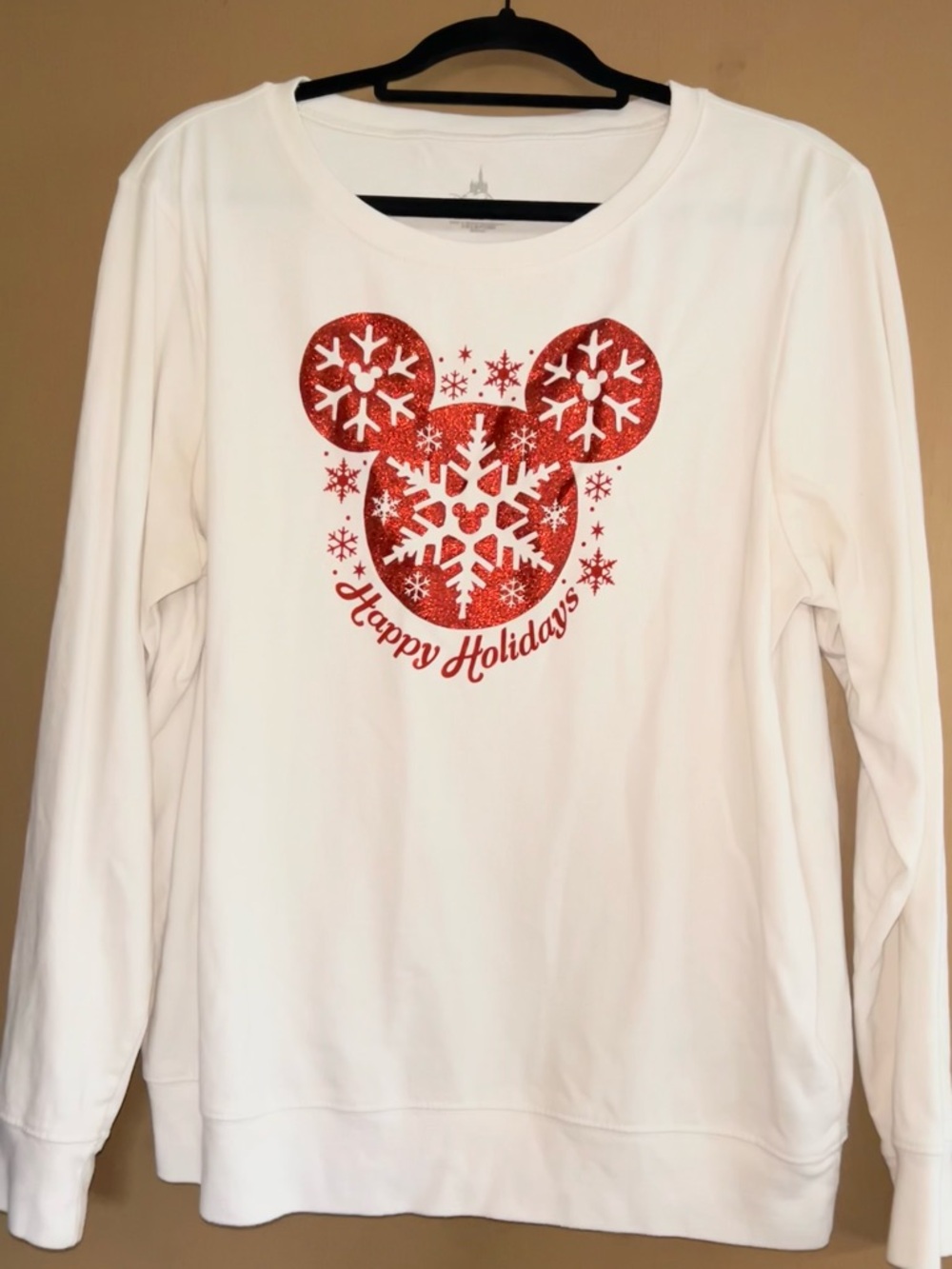White Holiday Sweatshirt with Red Glitter Mickey Snowflake